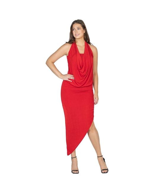 24seven Comfort Apparel Women's Red Cowl Neck Long Asymmetrical Backless  Halter Dress