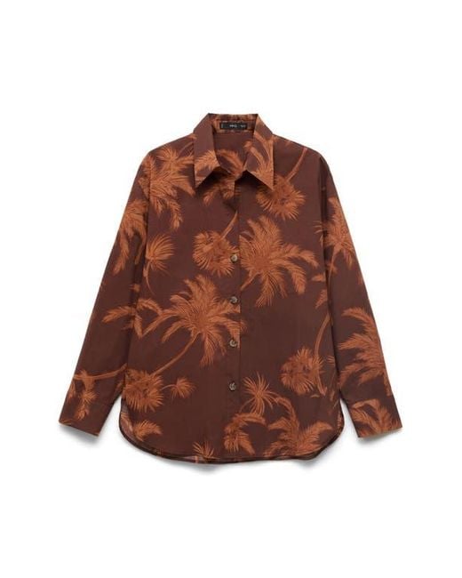 Mango Brown Palm Print Cotton Button-Up Shirt