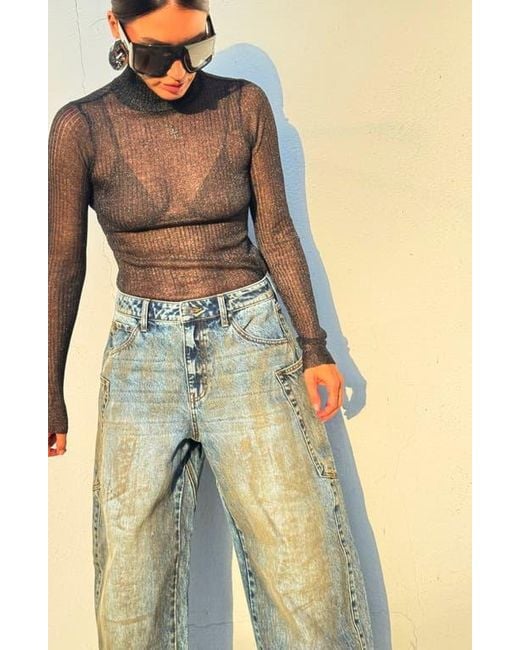 AFRM Gray Bristol Metallic Semisheer Mock Neck Top