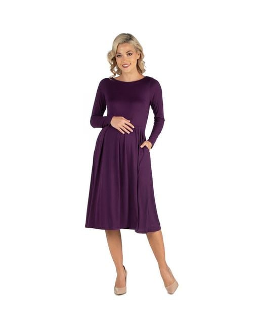 24seven Comfort Apparel Purple Maternity Midi Length Fit And Flare Pocket Dress