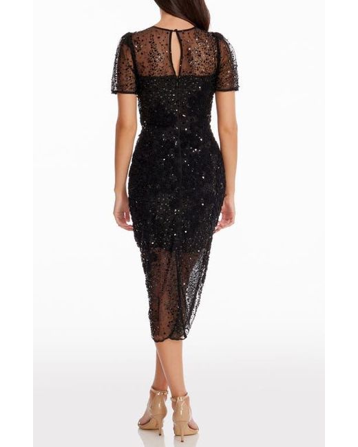 Dress the Population Black Lia Sequin Illusion Mesh Overlay Midi Cocktail Dress