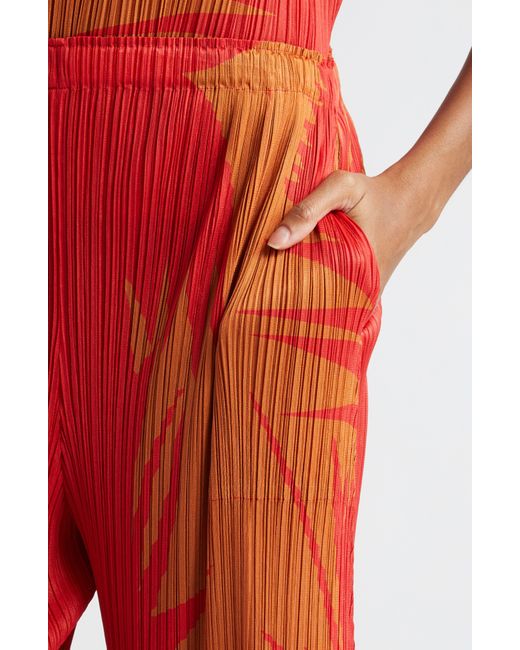 Pleats Please Issey Miyake Red Piquant Print Pleated Wide Leg Pants