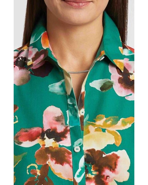 Foxcroft Green Zoey Watercolor Floral Cotton Button-Up Shirt
