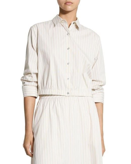 Theory Stripe Fixed Sleeve Cotton Blend Button-Up Shirt in White