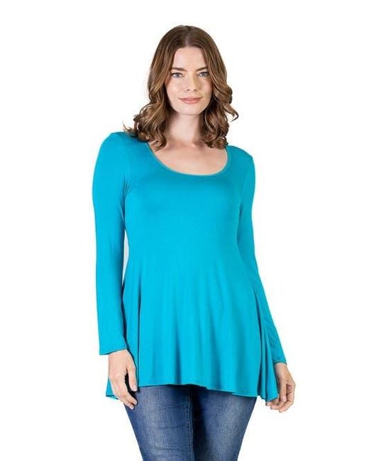 24seven Comfort Apparel Blue Long Sleeve Solid Color Swing Style Flared Tunic Top