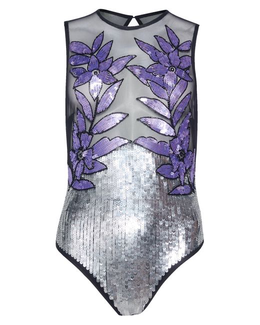 Nasty Gal Purple Floral Sequin Mesh Bodysuit