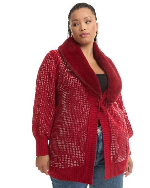 June + Vie Red Sequin Button-Up Sweater