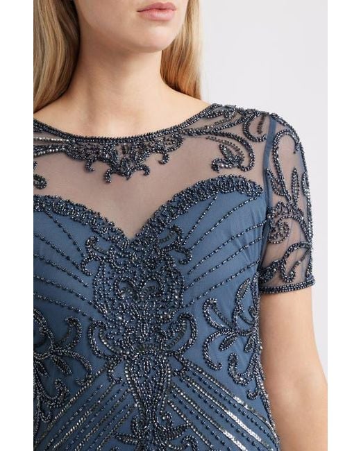 Pisarro Nights Women's Blue Illusion Beaded Mesh Column Gown