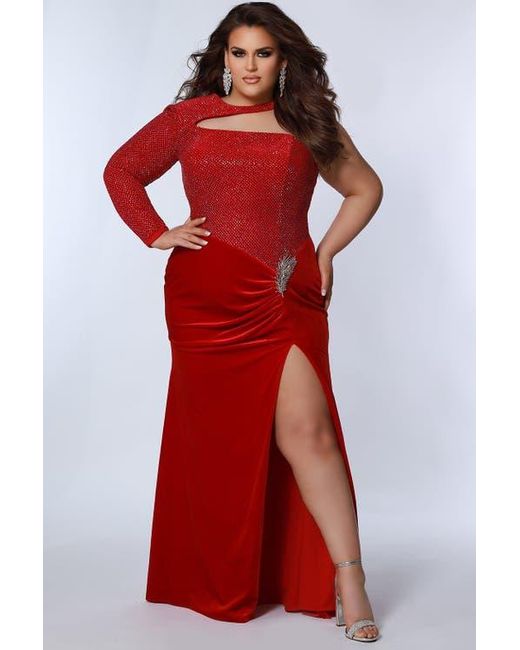 Johnathan Kayne for Sydneys Closet Red One Shoulder Long Sleeve Plus Size Evening Gown