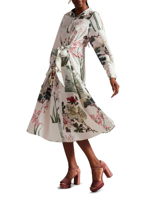 Ted Baker White Ttayla Floral Long Sleeve Belted Shirtdress