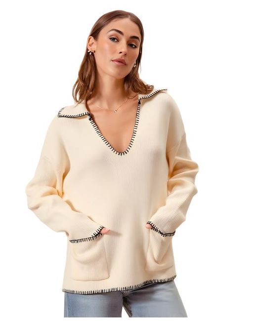 Knit & Lounge Natural Ribbed Long Sleeve V-Neck Pullover With Contrast Trim