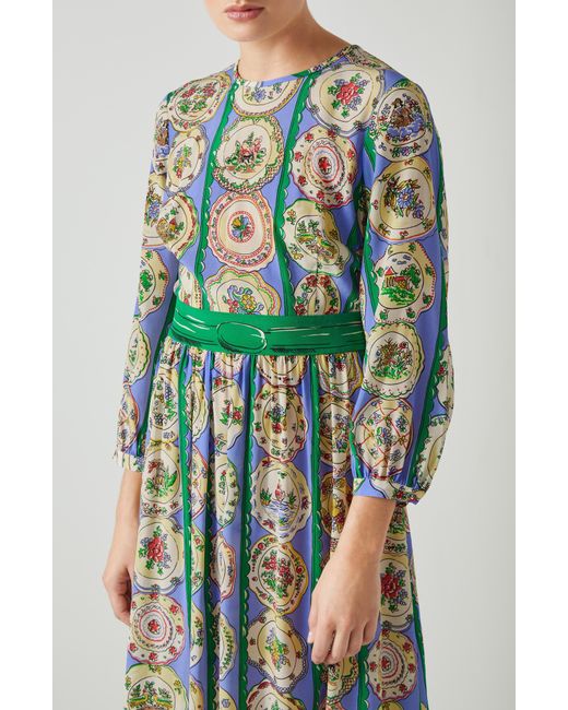 L.K.Bennett Green Erica Decorative Plate Print Silk Midi Dress