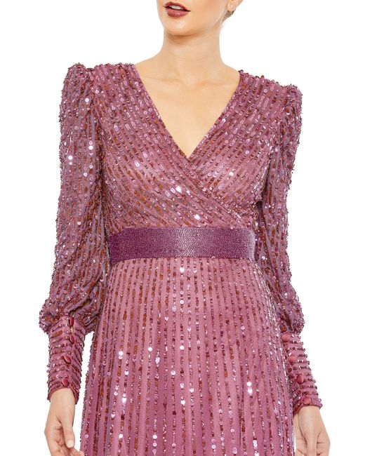 Mac Duggal Purple Sequin Wrap-over Bishop-sleeve Gown