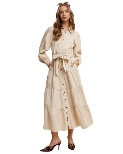 Knit & Lounge Natural Tiered Belted Bishop Sleeve Maxi Shirt Dress