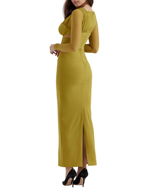 House Of Cb Yellow Zahra Asymmetric Cutout Long Sleeve Cocktail Dress