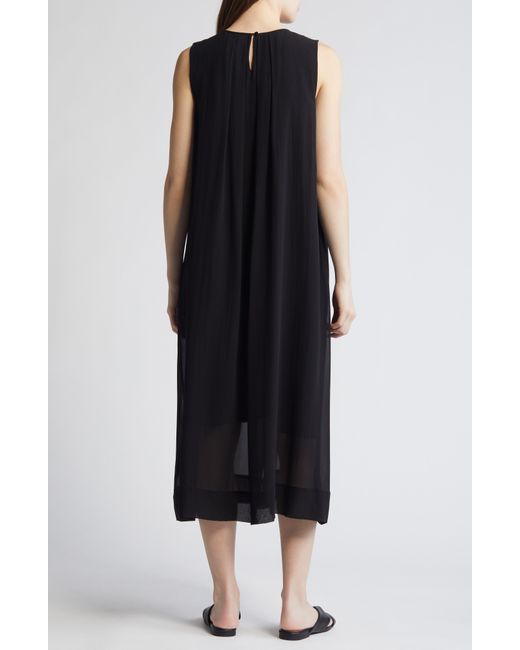 Eileen Fisher Black Pleated Jewel Neck Silk Midi Shift Dress