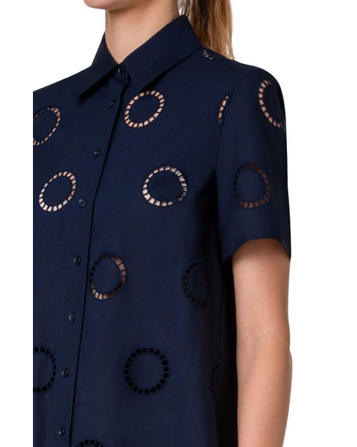 Akris Punto Blue Embroidered Eyelet Cotton Button-up Shirt