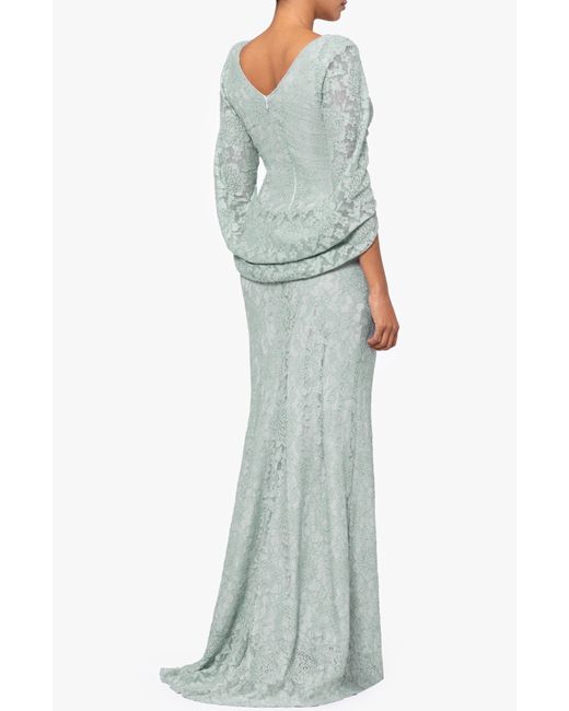 Betsy & Adam Green Drape Back Cape Sleeve Lace Trumpet Gown