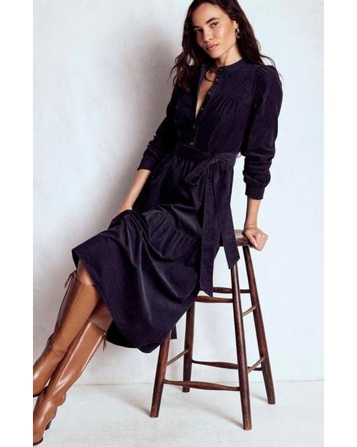 Boden Blue Cecily Belted Long Sleeve Cotton Corduroy Midi Dress