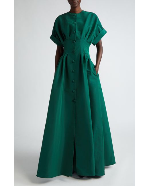 Carolina Herrera Green Cuffed Short Sleeve Button Front Silk Faille Gown