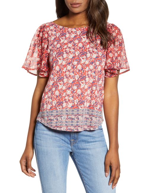 Lucky Brand Red Flutter Sleeve Mixed Media Top