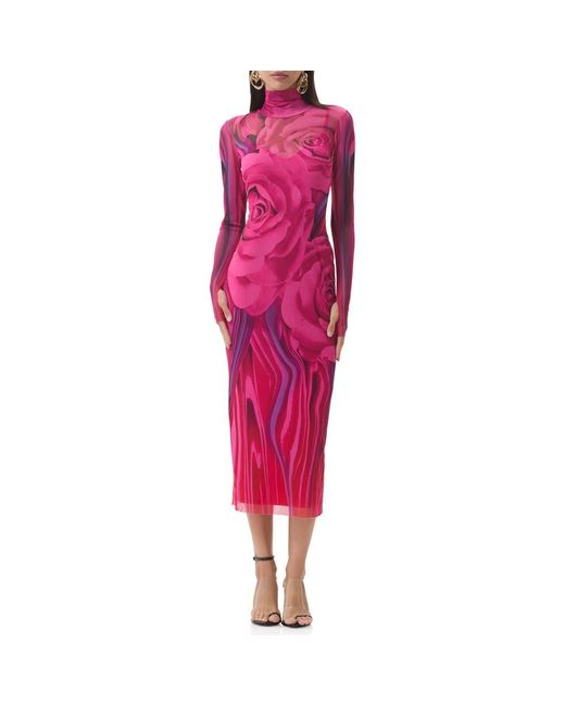 AFRM Red Shailene Print Long Sleeve Powermesh Body-Con Midi Dress