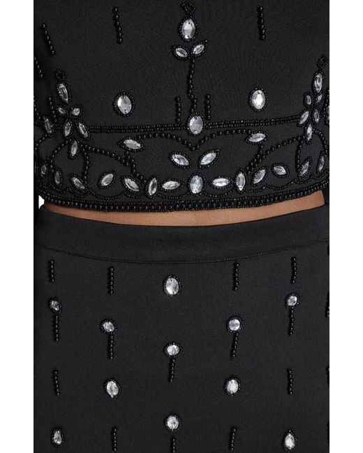 BCBGMAXAZRIA Black Crystal & Bead Detail Long Sleeve Top & Miniskirt Set