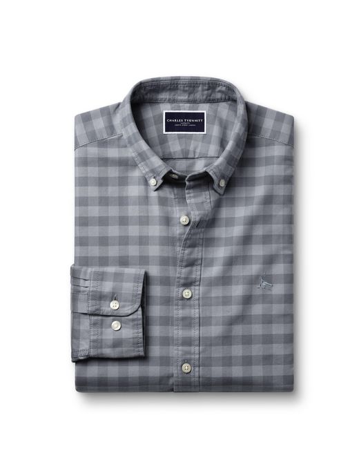 Charles Tyrwhitt Gray Slim Fit Button-down Collar Washed Oxford Gingham Shirt for men