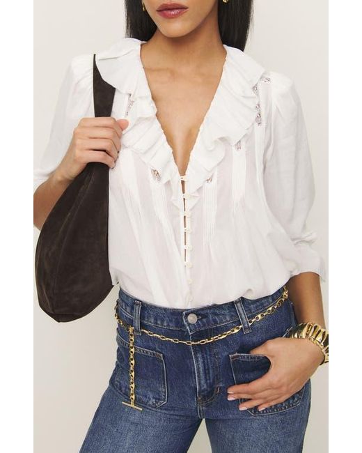 Reformation White Perry Ruffle Accent Button-Up Shirt