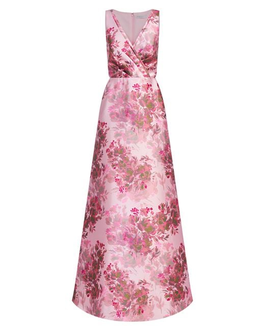 Kay Unger Pink Opal Floral Pleated Surplice V-neck Satin Gown