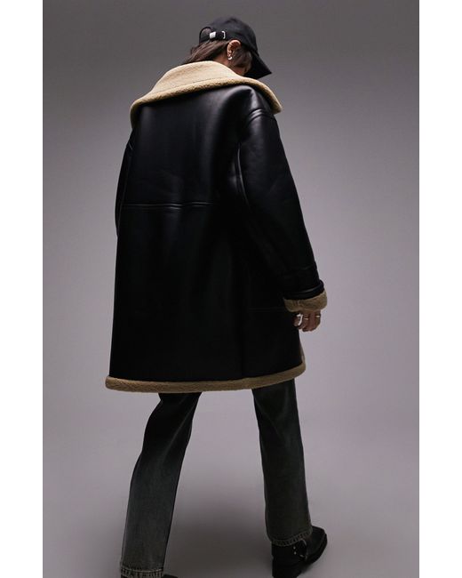 Faux Leather & Faux Shearling Car Coat in Gray Lyst