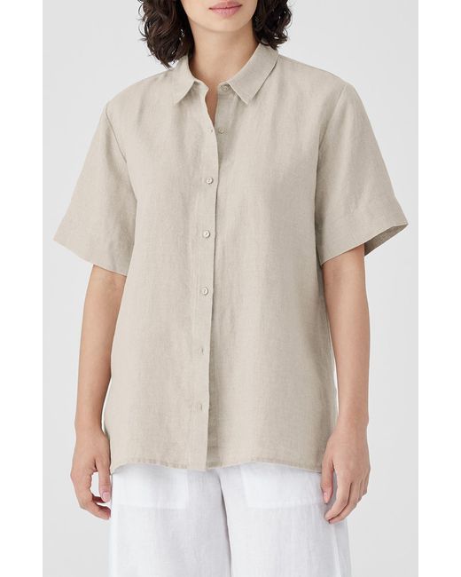 Eileen Fisher Natural Classic Short Sleeve Organic Linen Button-up Shirt