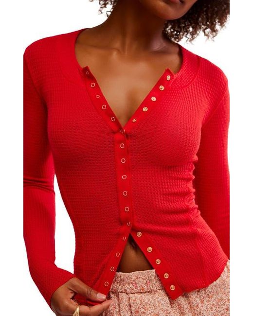 Free People Red Going Places Pointelle Stitch Snap Front Top