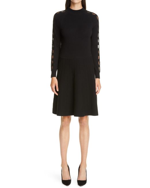 Lela Rose Black Braided Detail Long Sleeve Wool & Silk Blend Sweater Dress