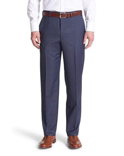 Canali Blue Flat Front Solid Wool Trousers for men