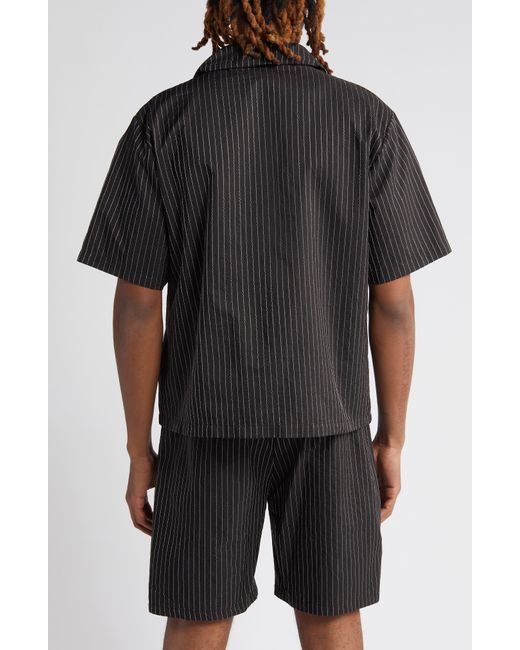 RENOWNED Black Lovers Patch Pinstripe Notched Collar Camp Shirt for men