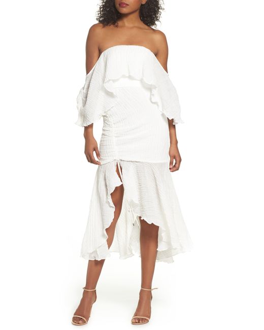 C/meo Collective White Sacrifices Ruched Off The Shoulder Dress