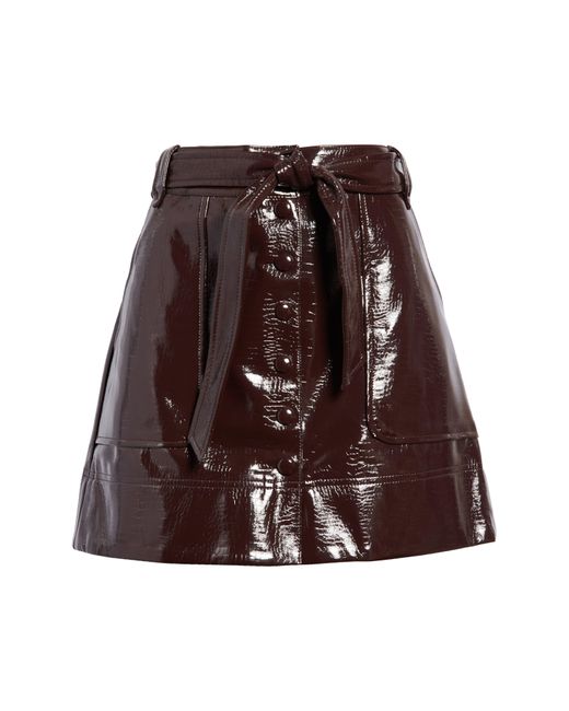 TOPSHOP Brown Belted Croc Embossed Faux Leather A-line Skirt