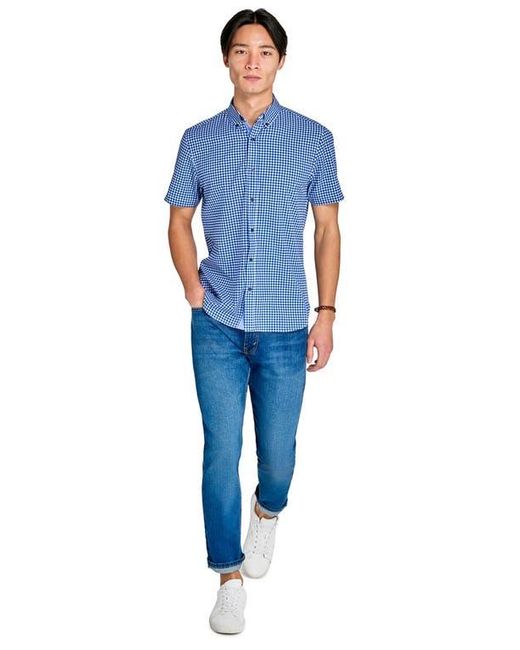 Con.struct Blue Slim Fit Mini Check Recycled 4-Way Stretch Performance Short Sleeve Shirt for men
