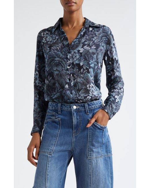 L'Agence Blue Nina Floral Print Silk Button-Up Shirt