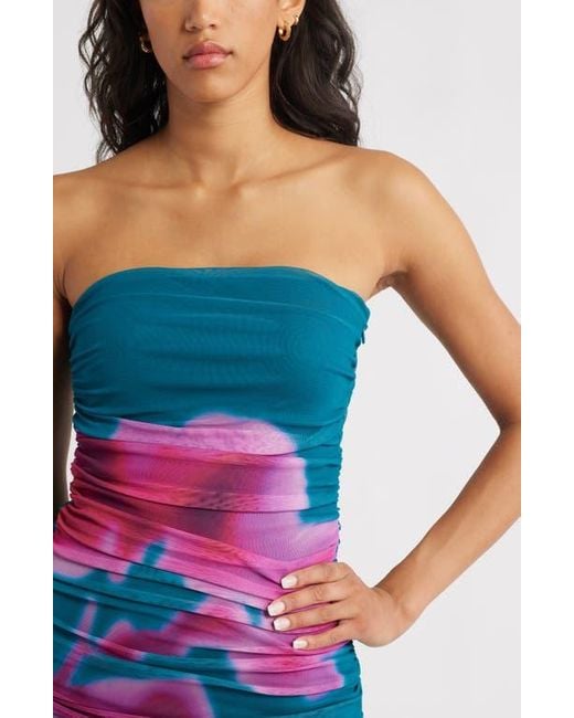 Open Edit Blue Ruched Strapless Mesh Dress