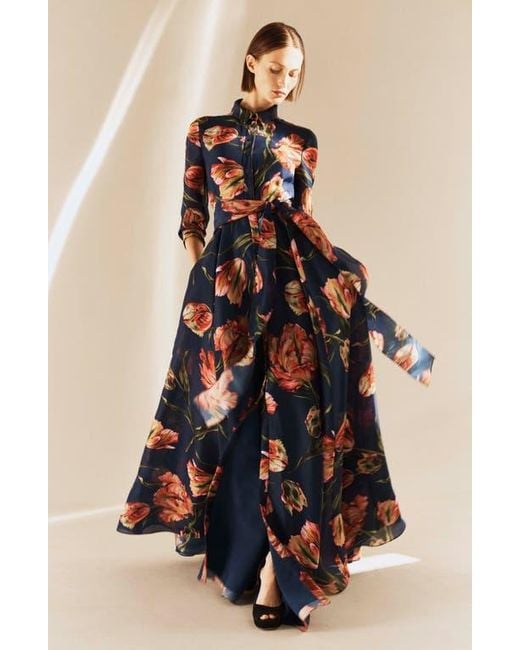 Carolina Herrera Blue Tulip Print Silk Gazar Trench Gown