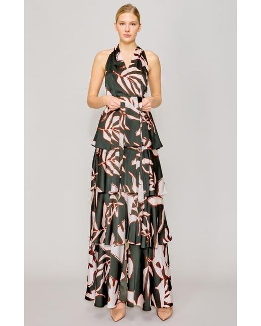 MELLODAY White Printed Tiered Faux Wrap Maxi Cocktail Dress