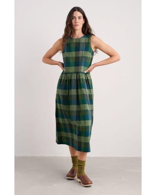 Seasalt Cornwall Green Brouse Check Sleeveless Organic Cotton Midi Dress