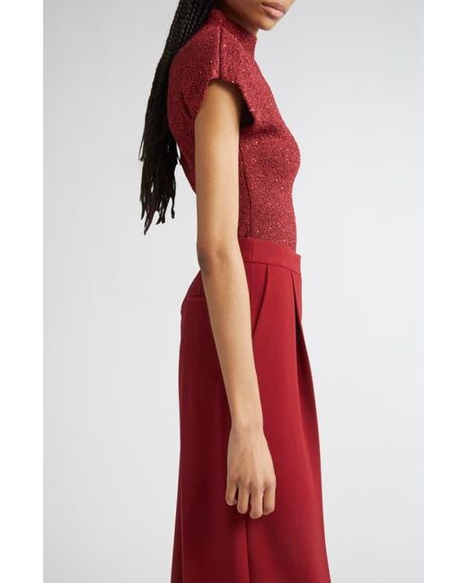 Lela Rose Red Sequin Knit Short Sleeve Mock Neck Top