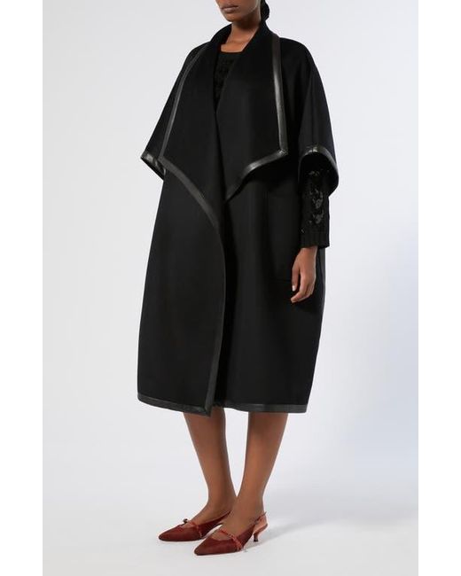 Marina Rinaldi Black Ortica Faux Leather & Virgin Wool Poncho