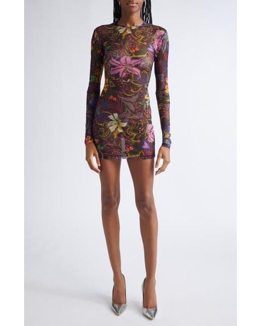 Area Red Hotfix Printed Long Sleeve Tulle Minidress