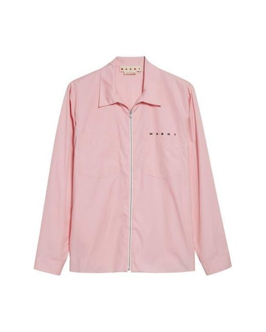 Marni Pink Hidden Logo Organic Cotton Poplin Zip Shirt for men