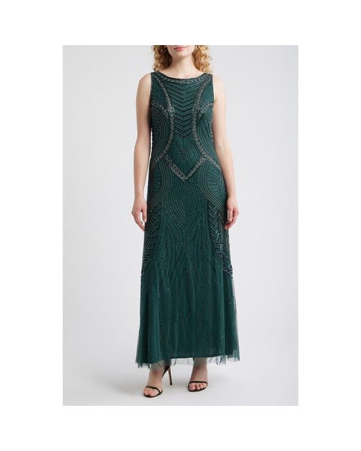 Pisarro Nights Green Beaded Chevron Sleeveless A-Line Gown