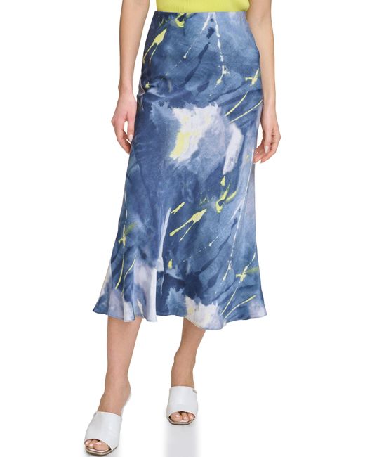 DKNY Blue Printed Satin Midi Skirt
